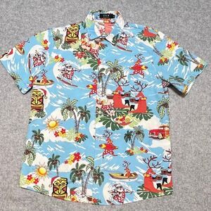 SSLR‎ Mens Tropical Christmas Hawaiian Shirt Blue Surfing Santa Reindeer Tiki M